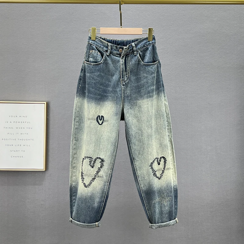 

Jeans for Women Baggy Pants 2023 New Spring Loose Embroidered Denim Pants Plus Size Female Eleatic Waist Washed Ripped Jean