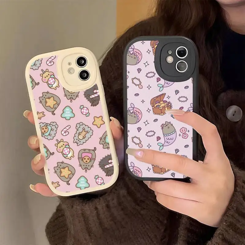 

P-Pu-sheen cat Phone Case Hard Leather Phone Case for iPhone 13 12 Mini 11 14 Pro Max Xs X Xr 7 8 Plus 6 6s Se silicone Cover