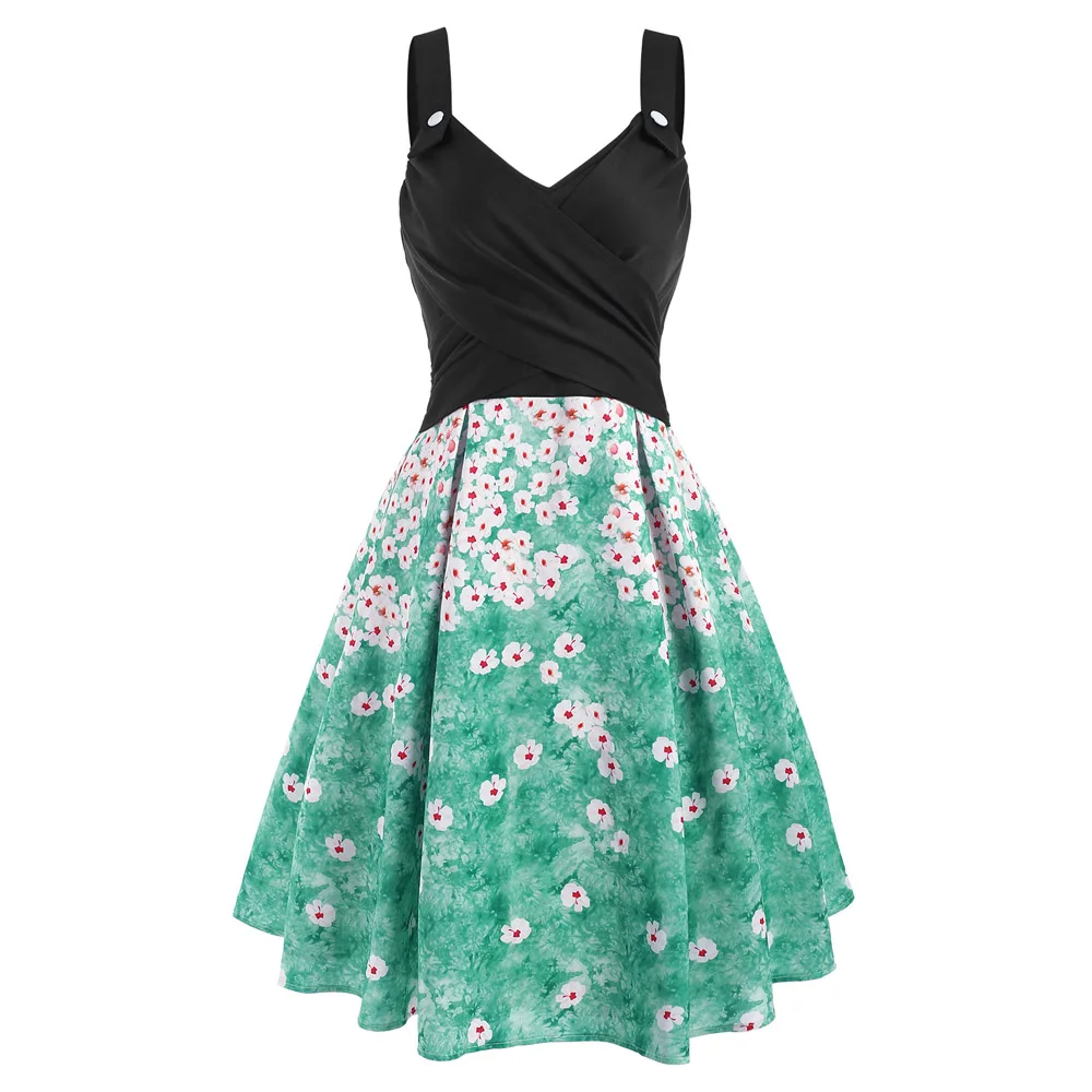 

Women Retro Floral Crossover Vintage Summer Dress Green Color Natural Flower Print Robe For Female Garden Party
