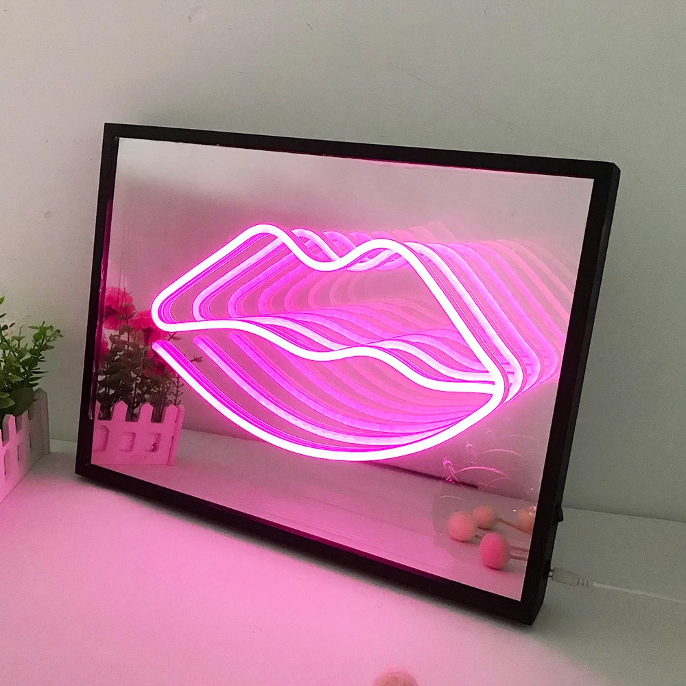 3D Magic Infinite Rectangle Vanity Mirror Multi-layer Lips LED Neon Lights Makeup Mirror Sign Girls Desktop Wall Decoration Lamp