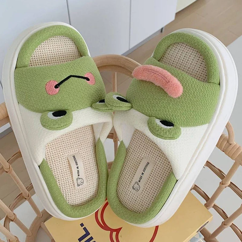 Women Slippers Fun Frog Shape Design Hemp Platform  Home Cotton Flax Ladies Casual Shoes Non-slip Bedroom Woman Slides Shoes