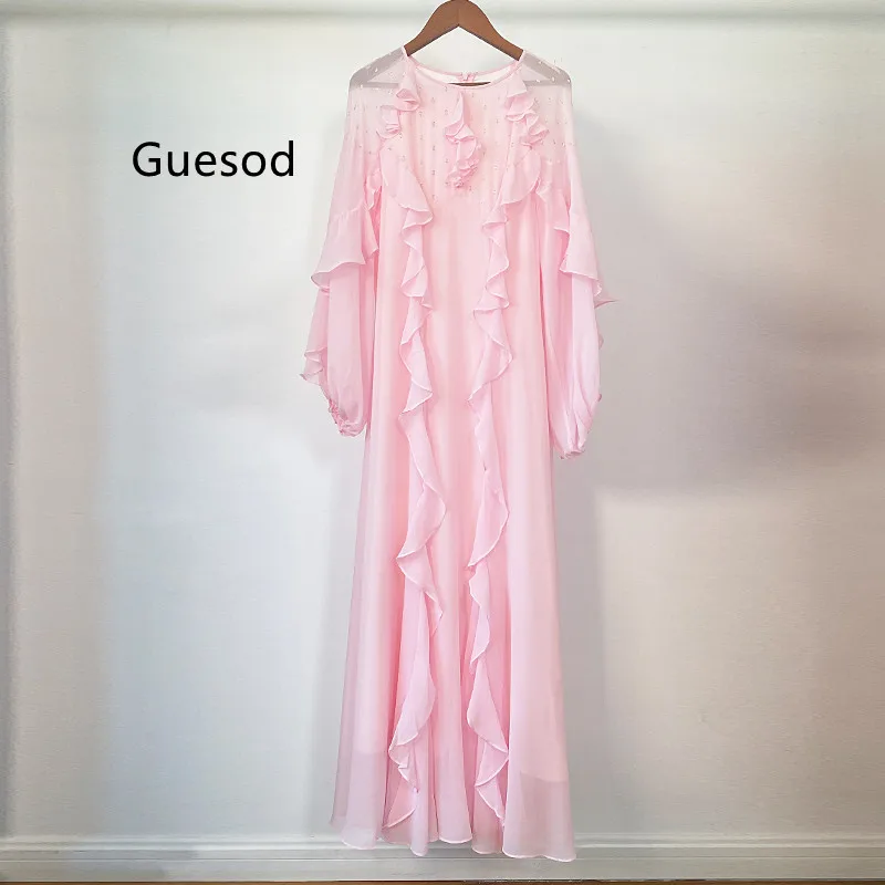 

Женское длинное шелковое платье, розовое шелковое платье макси с расклешенными рукавами и оборками, весна-лето 2023