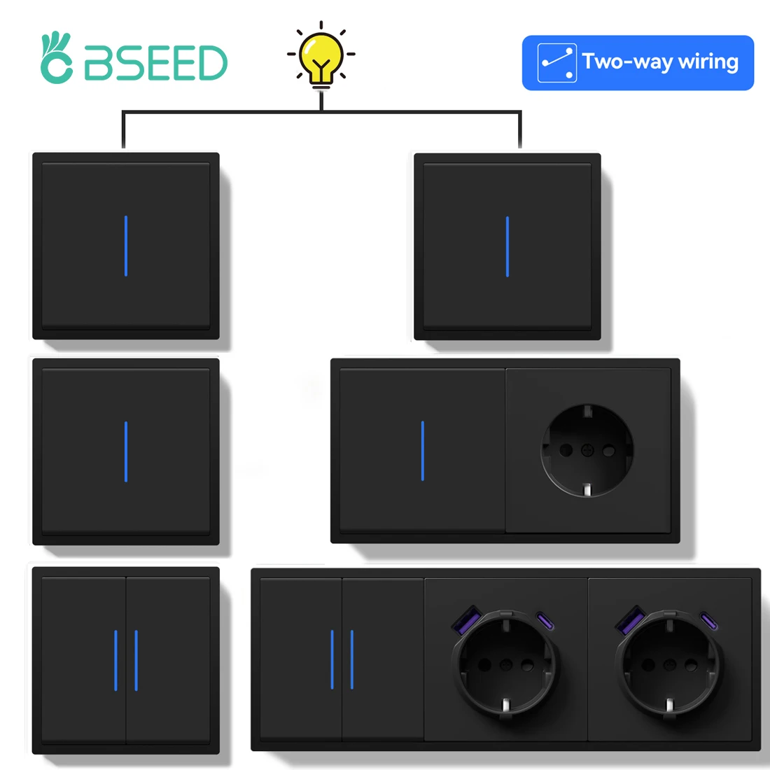 Фото Кнопочный переключатель BSEED 1/2Gang 2Way с настенной розеткой Порт USB Type-C Настенный выключатель света со светодиодным индикатором Черный цвет Пластиковый каркас №1