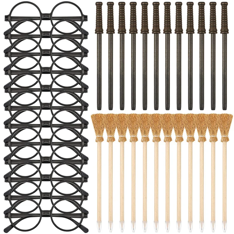 

36 Pcs Witch Broom Pencil And Wands Pencils And Glasses With Round Frame No Lenses,Wizard Wands Theme Party Supplies