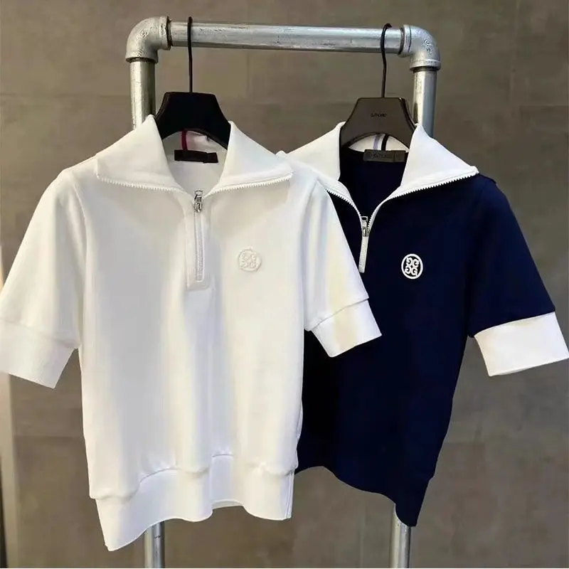 

2023 New Golf Shirts Women's Summer Lapel Zipper T Shirts Fashion Quick Drying Breathable Sports Short Sleeve Top Golf Clothing