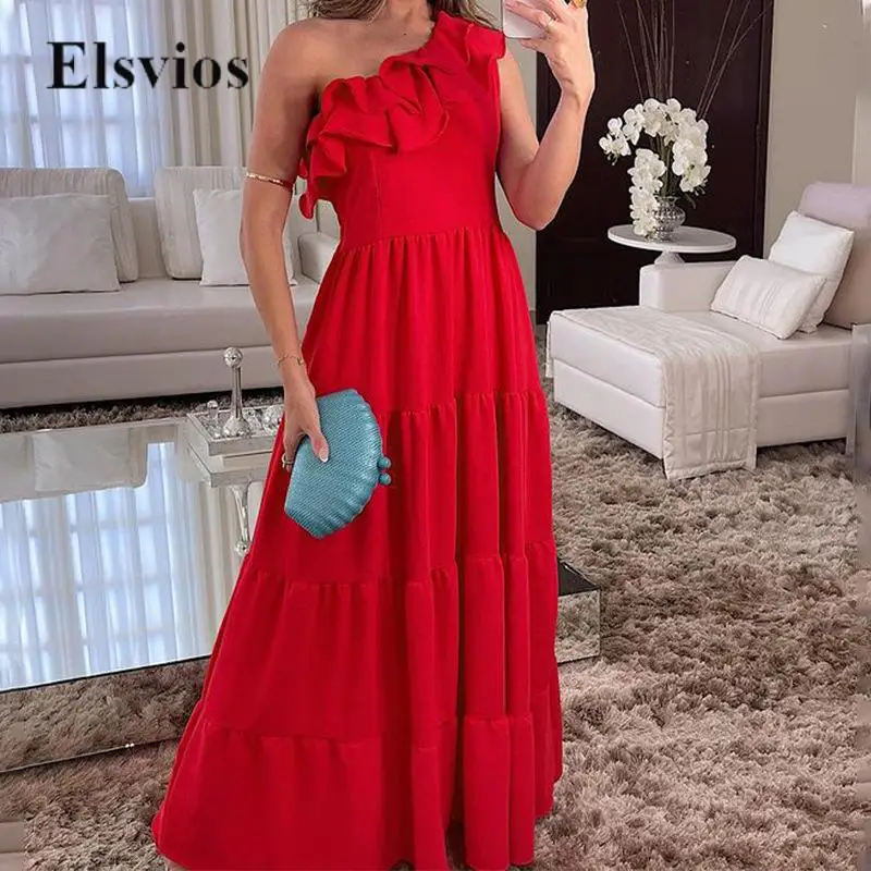 

Sexy Ruffle Patchwork Pleat Loose Hem Beach Dress 2024 Casual Women Boho Long Dress Fashion One-Shoulder Skew Collar Party Dress