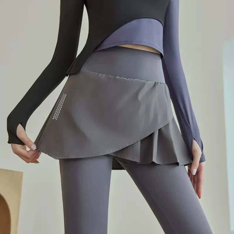 F.DYRAA Fitness Yoga Pants With Skirt Women Fake 2 Piece Sport Legging Gym High Waist Running Exercise Zipper Pocket Tight Pants