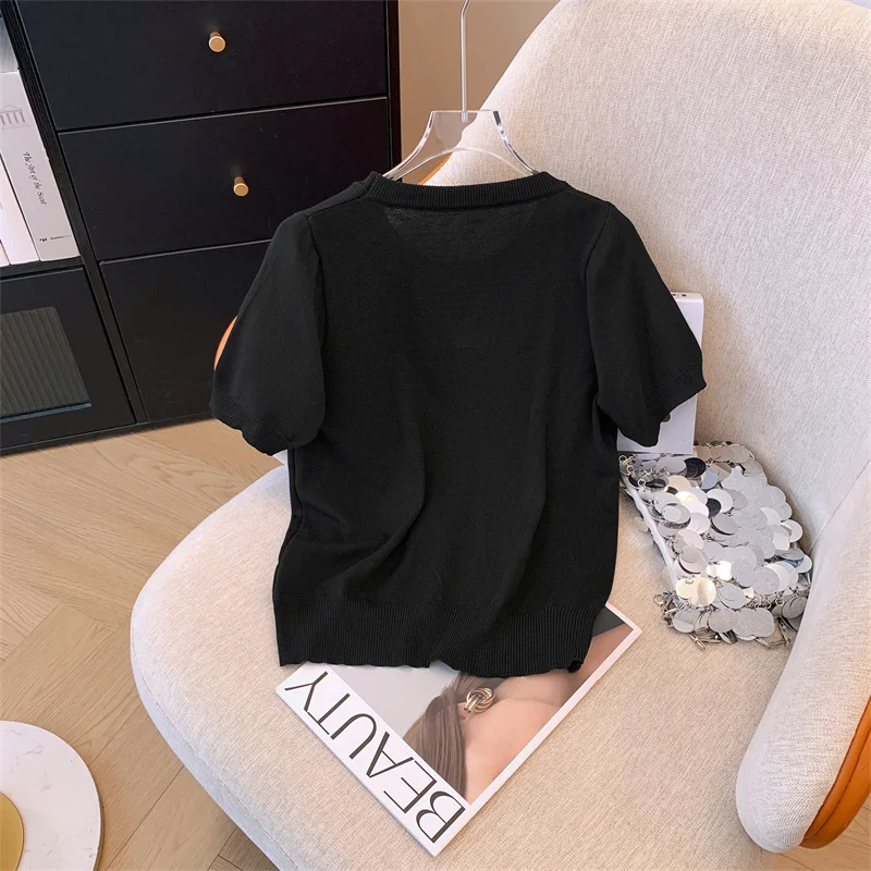 Женская тонкая футболка с коротким рукавом розовый вязаный короткий топ из