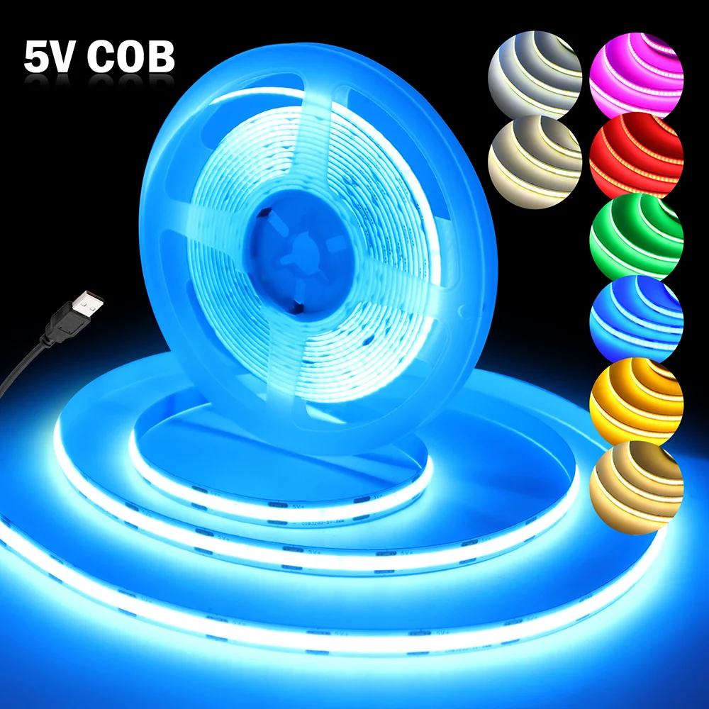 Фото 5 В USB COB светодиодная лента 320 светодиодов гибкая лента 8 мм печатная плата белый/красный/зеленый/розовый/голубой/желтый ленточный ночник подсветка телевизора №4