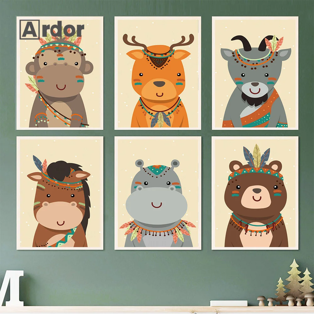 

Cartoon Woodland Tribal Animals Poster Deer Horse Hippo Monkey Bohemian Canvas Painting Nursery Print Wall Baby Kids Room Decor
