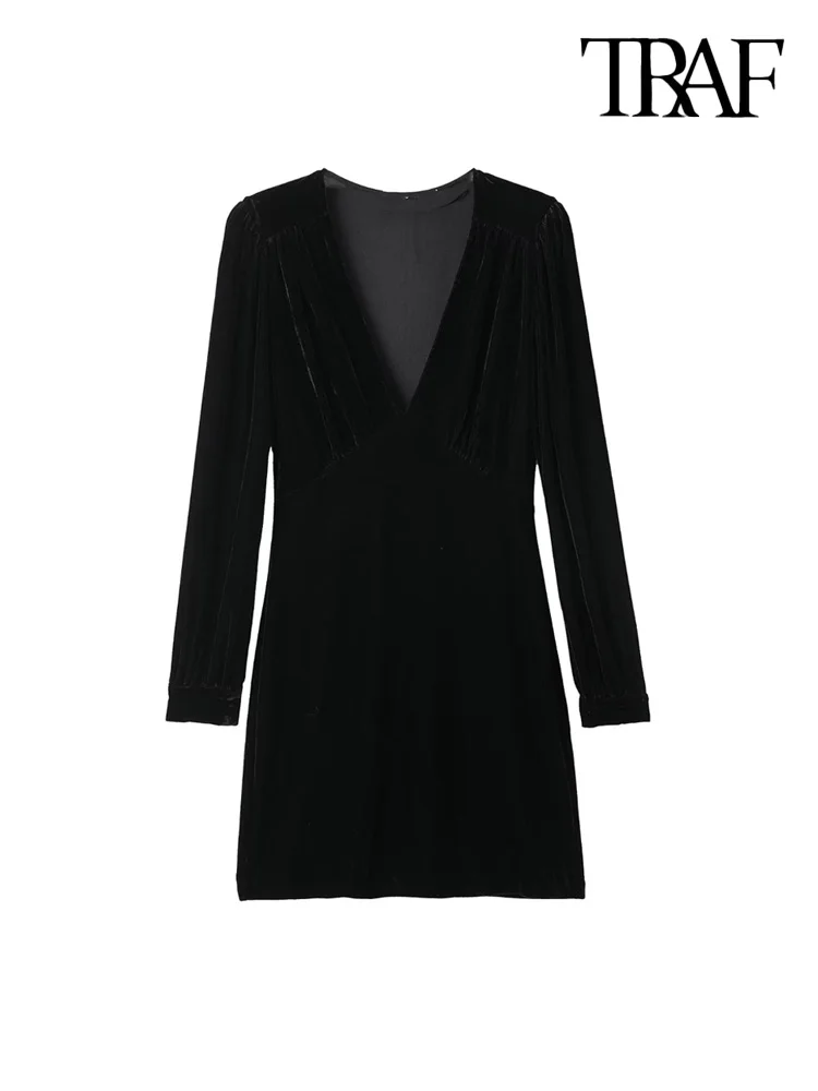 

TRAF Women Fashion With Shoulder Pads Velvet Mini Dress Vintage Long Sleeve Side Zipper Female Dresses Vestidos Mujer