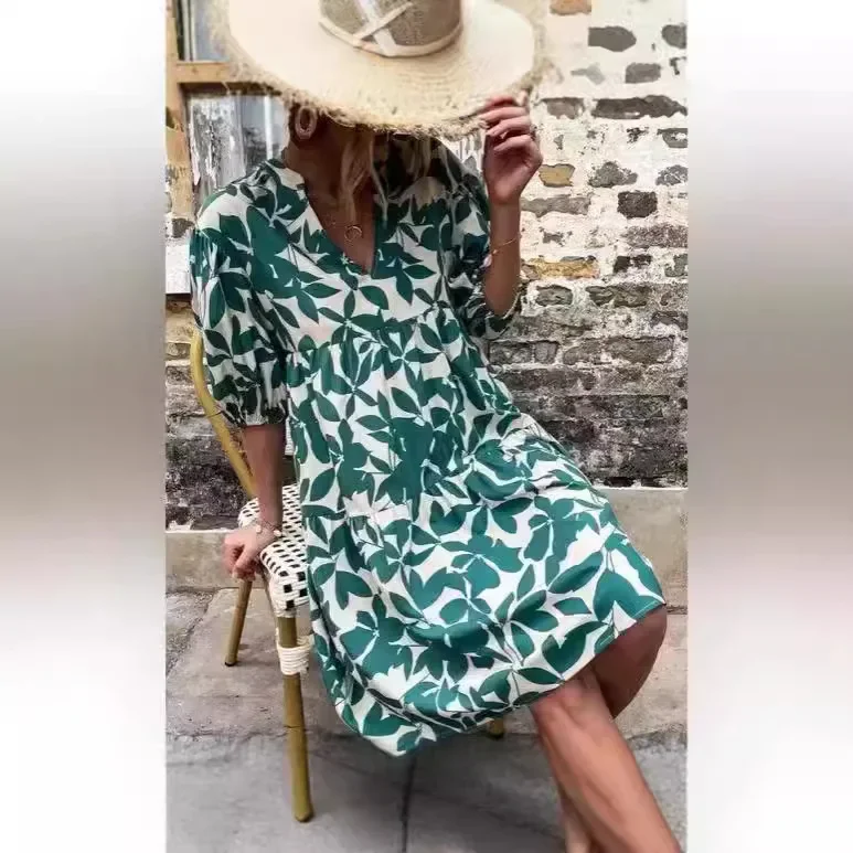 2024 Лидер продаж женская одежда Wish Amazon платье с пышными рукавами и принтом