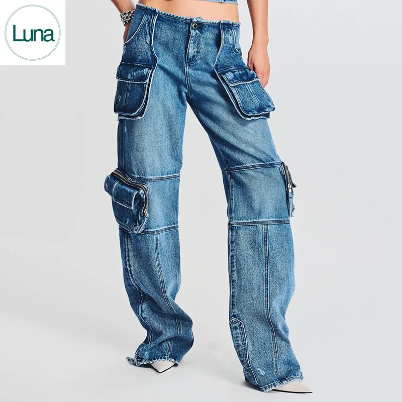 

Модные модные брюки сезона осень 2023 года, одежда для работы со средней талией, пряжкой и множеством карманов, подметание пола, свободные джинсовые женские повседневные брюки