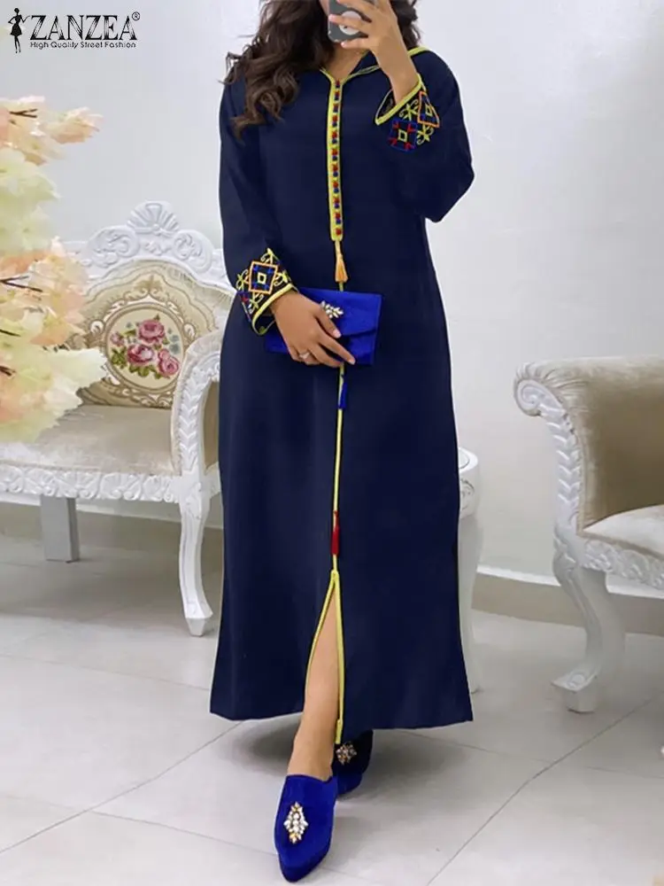 

2022 Spring Elegant Slit Robe Longue Women Casual Hooded Maxi Dress ZANZEA Bohemian Printed Vestidos Vintage Party Baggy Dresses