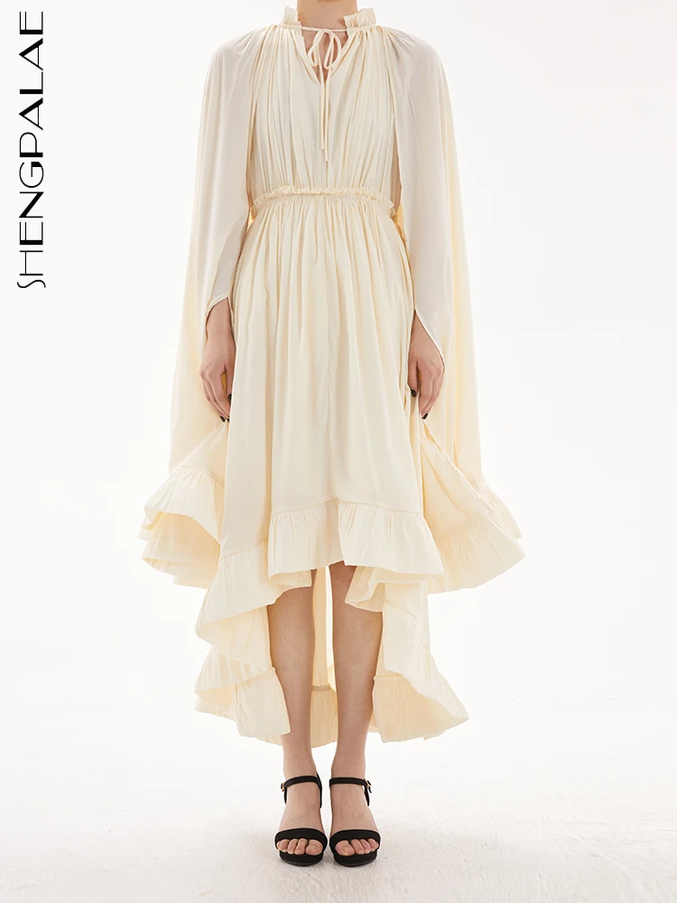 

SHENGPALAE French Style V-neck Tie Up Dress Long Sleeved Design Waistband Pleated Robe Women's 2023 Summer New Clothing 19J4498