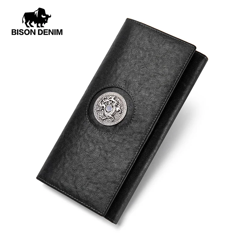 Мужской Длинный кошелек BISON DENIM коричневый брендовый бумажник из натуральной