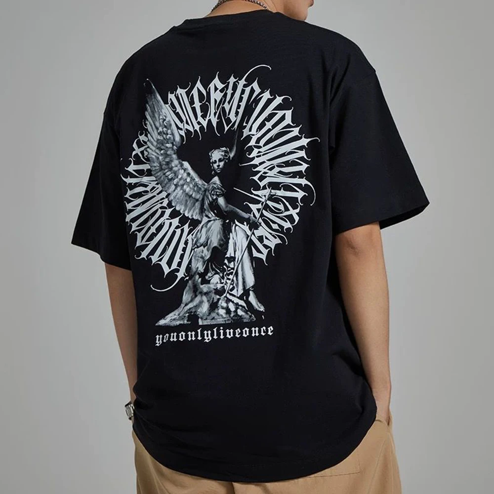 

Street Chicano Hip-hop Short-sleeved T-shirt Summer Virgin Mary Tattoo Angel Print Round Neck Cotton Loose Top Men's Clothing