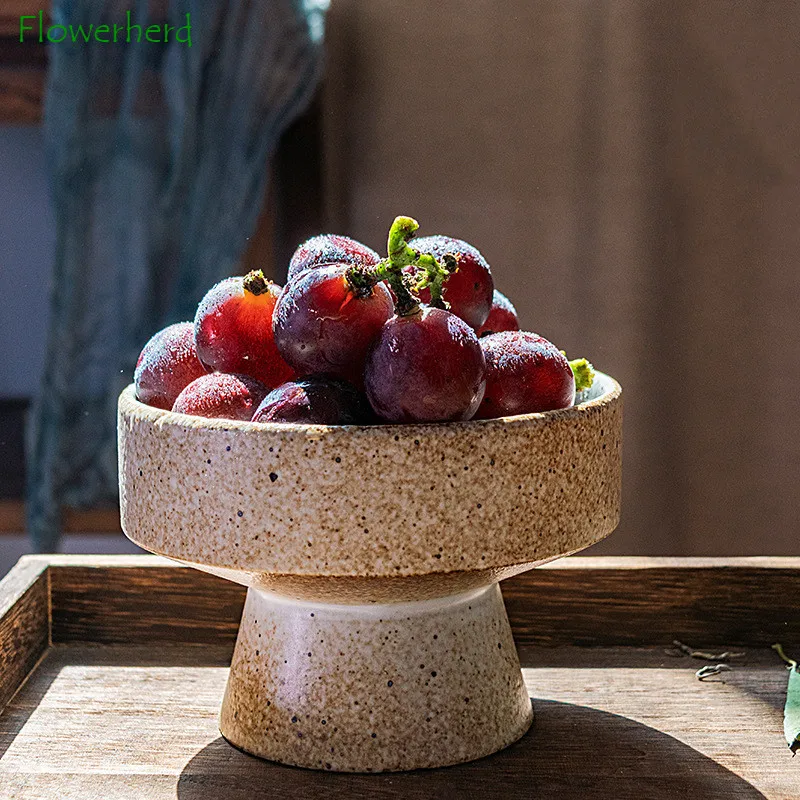 

Creative Coarse Pottery Fruit Plate Retro Tray Tall Feet Snack Tray Ceramic Tea Tray Kung Fu Tea Set Refreshment Living Room