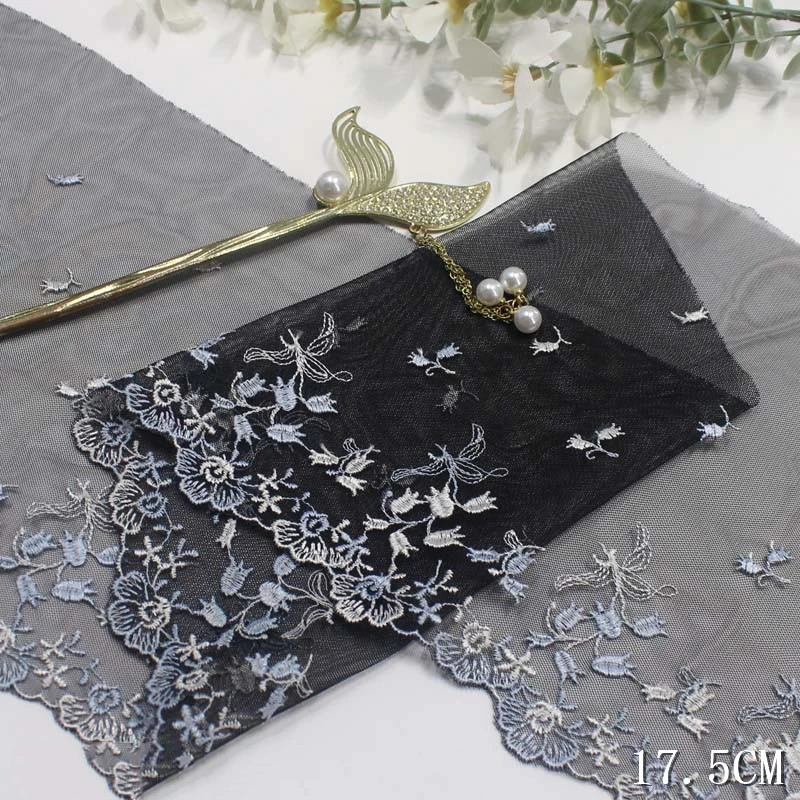 30 ярдов, черная сетка, Цветочная вышивка, кружево, искусственная отделка, Полиэстеровая кружевная ткань для женщин, волнистость 17,5 см