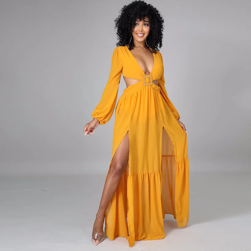 Однотонное Шифоновое Платье макси с оборками женское сексуальное платье