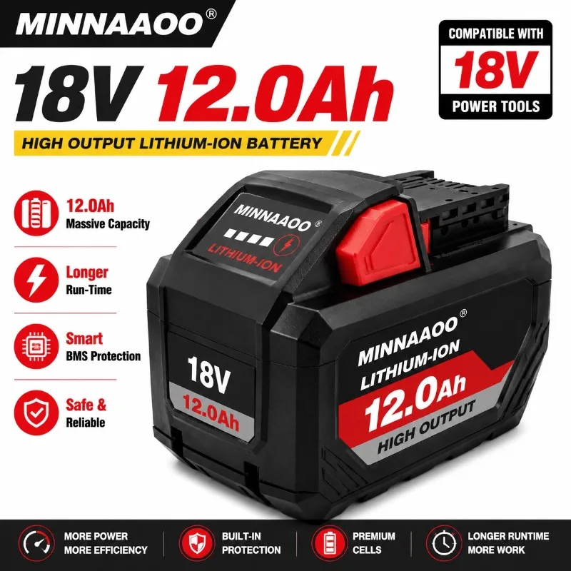 Фото Аккумуляторная батарея Milwaukee M18 18В 12.0Ач, литий-ионная, перезаряжаемая, высокой емкости, для беспроводных электроинструментов №1