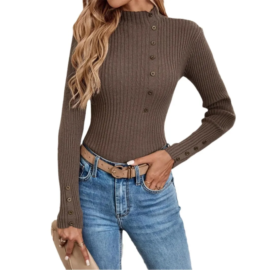 Элегантный женский свитер пуловер на пуговицах с длинными рукавами вязаные