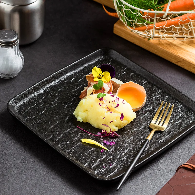 

Creative Square Black Ceramic Steak Plate Restaurant Pasta Plate Home Cooking Dinner Plate Tableware Kitchen Utensils Porcelain