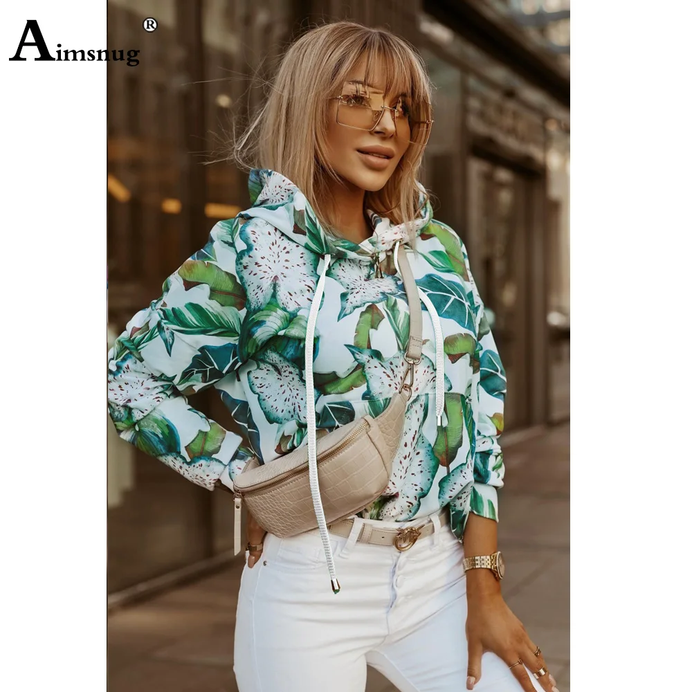 Aimsnug Long Sleeves Boho Hoodies Women Banana Leaf Print Sweatshirt Vintage Hooded Tops Women's Sweatshirts Casual Pullovers