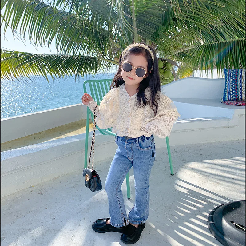 

Girls' elastic jeans 2021 spring and autumn new children's side split flared pants slim fit wear 3-211