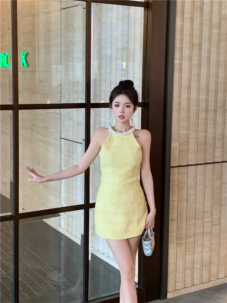 

Elegant Party Dresses for Women 2023 New Celebrity Beading Round Collar Sleeveless Dress Vintage A-line Short Mini One Piece