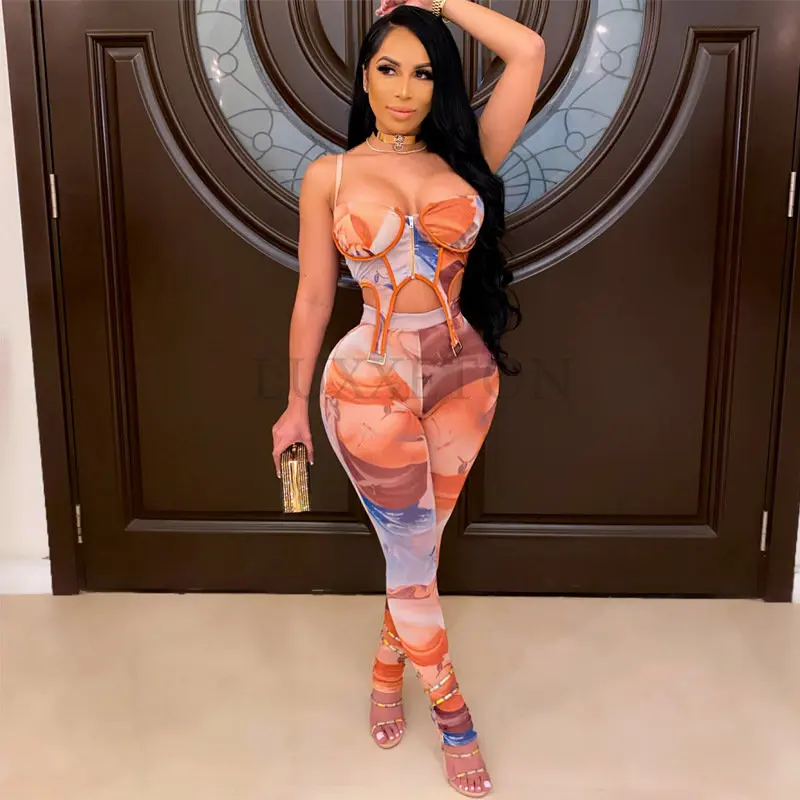 

Sleeveless Patchwork Zipper Print Camis Leggings 2 Piece Matching Sets Spring Summer Women Sexy Tracksuit Outfits
