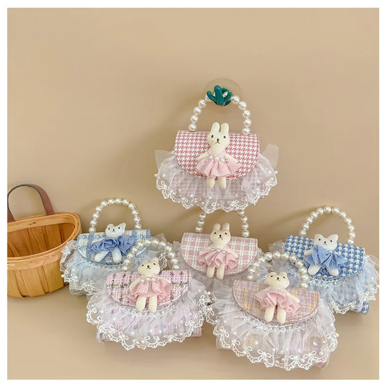 2023 New Children's Shoulder Bag Lace Rabbit Plaid Crossbody Bags for Girl Child Mini Princess Bag Coin Purse Kids' Candy Bags