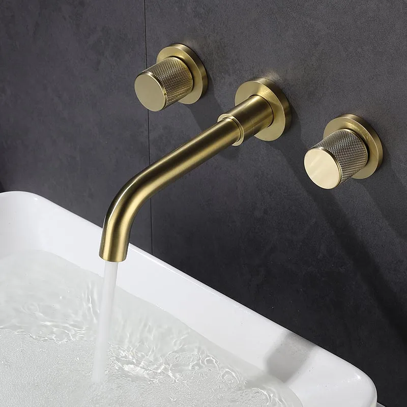 

Bathroom Basin Faucet Brushed Gold/Black 2-Handle 3-Hole Wall Mounted Sink Knurling Handle