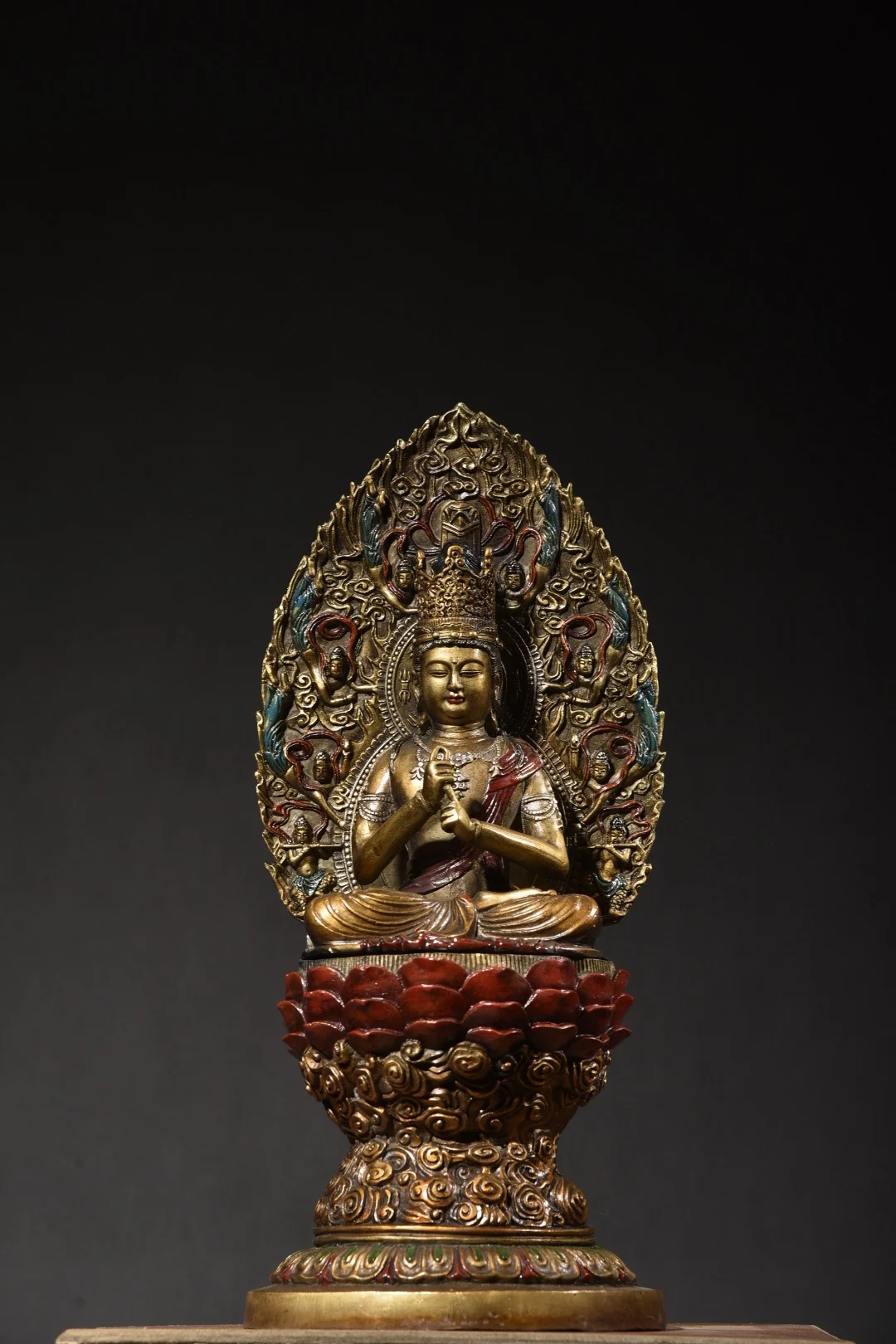 

15"Tibetan Temple Collection Old Bronze Painted color vairocana Buddha Guanyin Bodhisattva Buddha Buddha platform Worship Hall