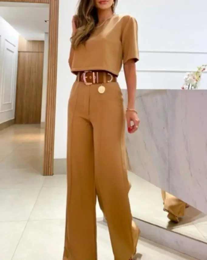 

Two Peice Set Half Sleeve Crop T-Shirt & Wide Leg Pants Set Women Casual New Fashion 2023 Summer