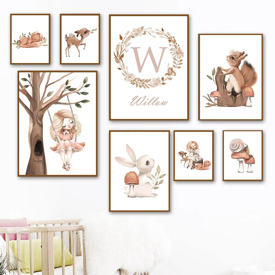 

Постер в скандинавском стиле с именем заказчика, кролик, гриб, олень белка, лиса, девушка, настенная Картина на холсте, настенные картины, декор детской комнаты