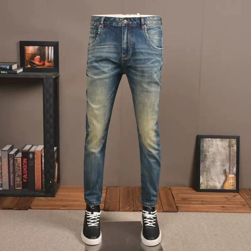 Autumn Men Retro Blue Jeans Streetwear Slim Fit Straight Pants Korean Style Vintage Scratched Denim Trousers CP2031