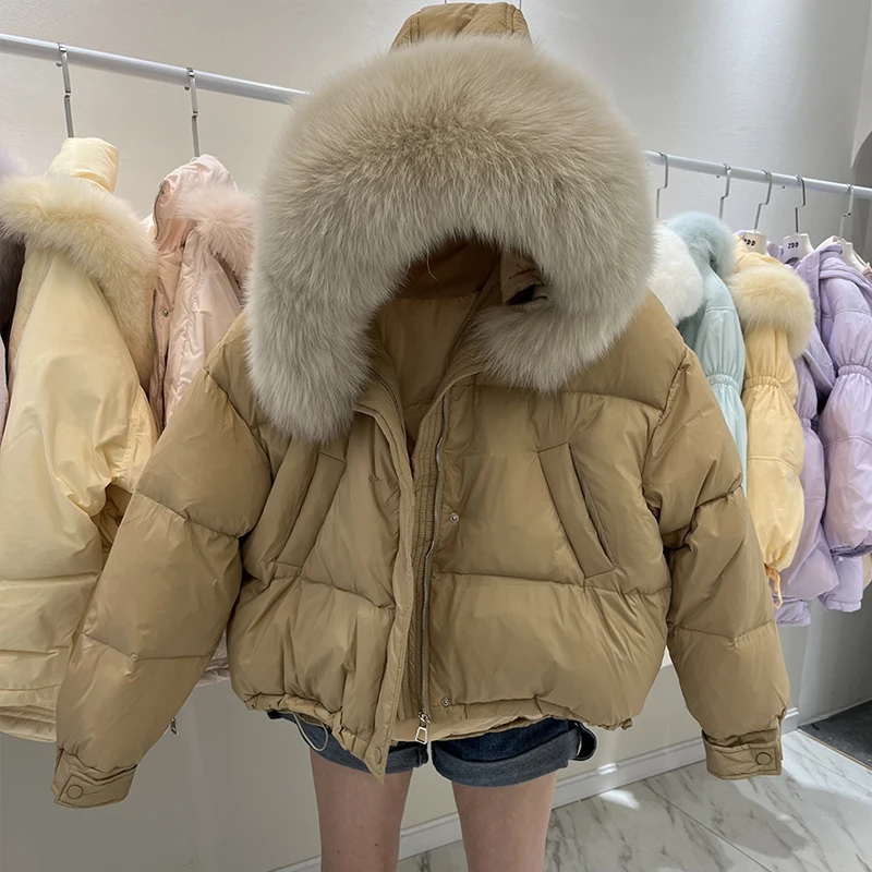 White Duck Down Jackets Women Winter Fashion  Female Real Big Fur Collar Hooded Coats Ladies Short Loose Overcoats Coat enlarge