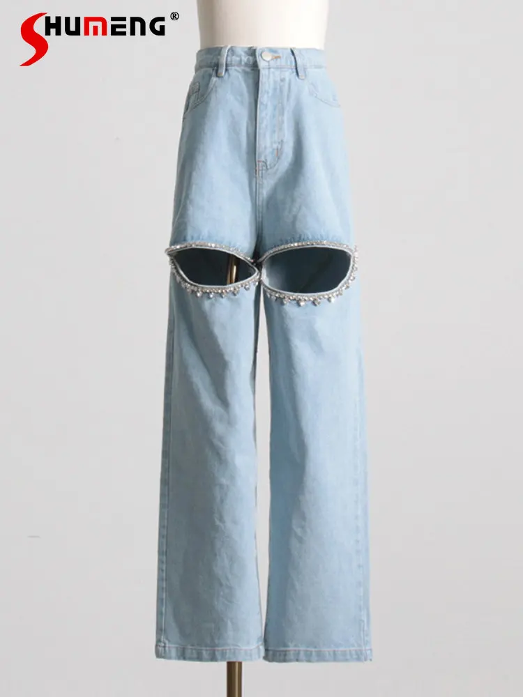 

Woman Spring New Rhinestones Hole Blue High Waist Jeans 2023 New Loose Diamond Beaded Hollow-out Denim Straight Trousers Female