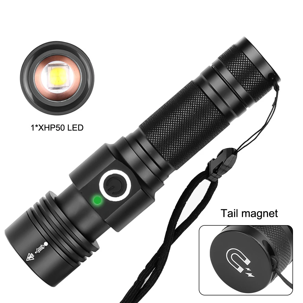 

Ultra Bright LED Flashlight With XHP50 LED lamp beads Waterproof Torch Zoomable 4 lighting modes Multi-function USB charging