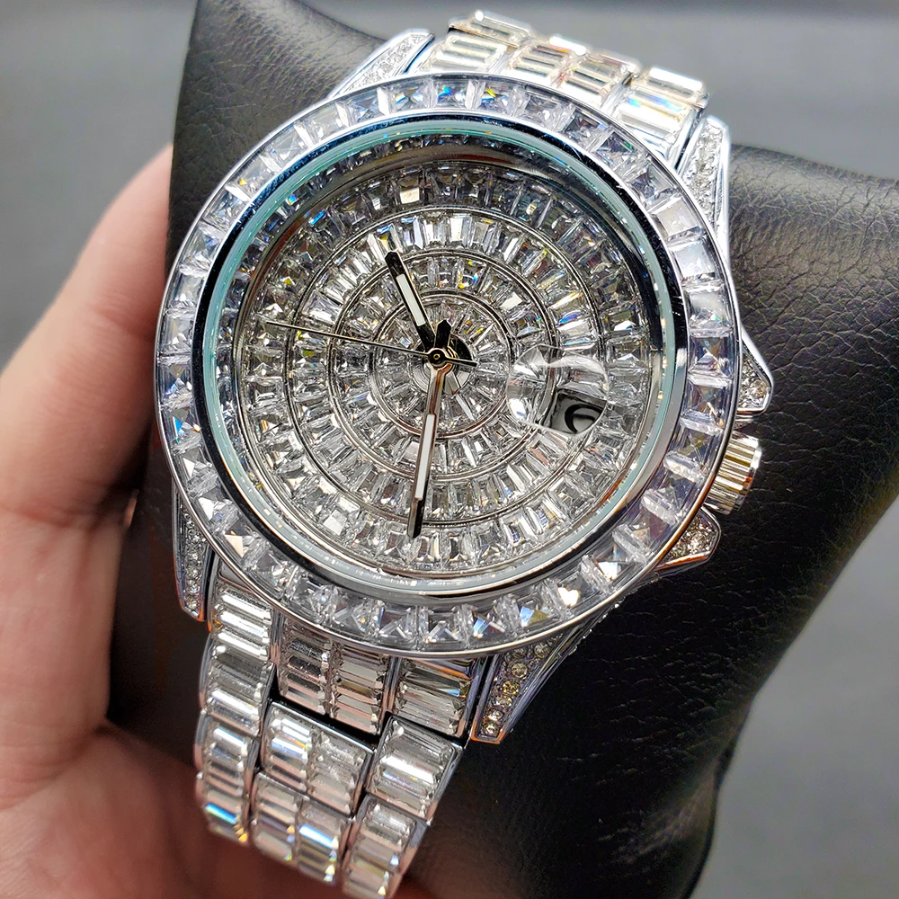 New Luxury Business Watch Mens Day Date Watches Fully Iced Out Baguette Diamond Strap Waterproof Automatic Quartz Wristwatches