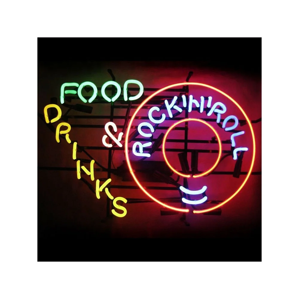 

FOOD DRINKS & ROCK N ROLL Neon Light Sign for Beer Bar Pub Shop Wall Art Decoration Handmade Real Glass Neon Sign