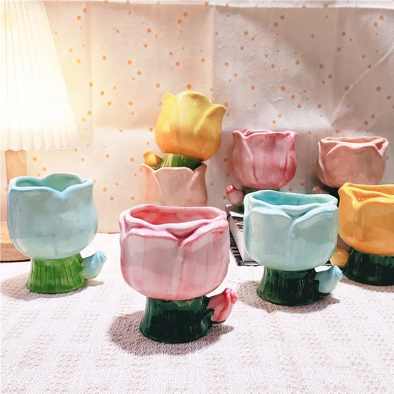Tulip Flower Cup Candle Container Home Decor Ceramic Mugs Hand-kneaded Candle Jar Scented Aromatherapy Candle Holder