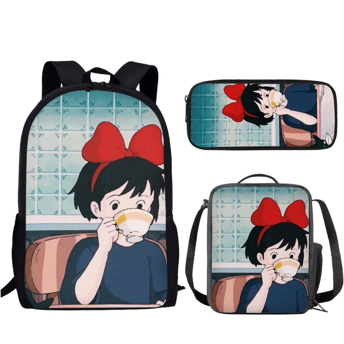 Kiki's Delivery Service Design School Backpack Fashion School Bag Set of 3 Kids Student Birthday Lunch Bags/Pencil Case Mochila