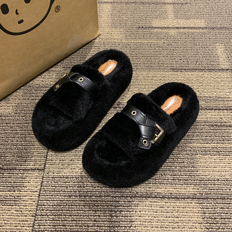 Женская обувь тапочки повседневные меховые шлепанцы плоский плюш удобные теплые