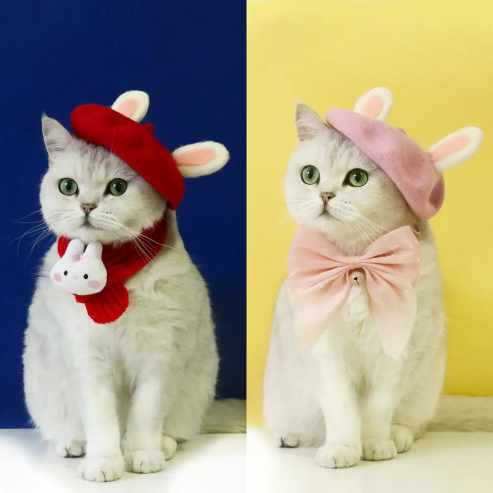 

Pet Beret Adjustable Elastic Skin-touch Personality Comfortable Dress Up Wool Bunny Ears Beret Pet Headgear for New Year