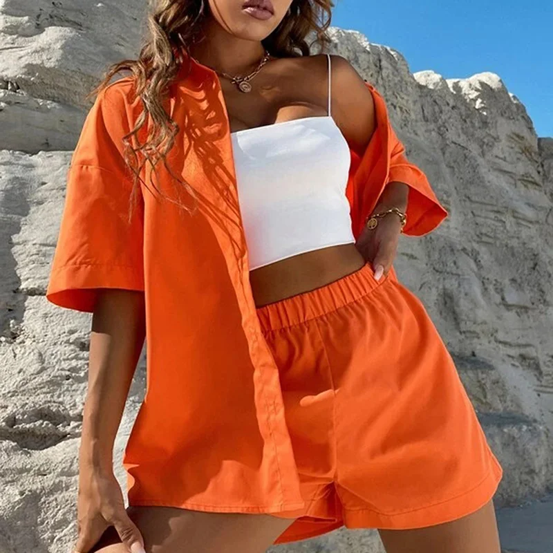 

Women Summer Casual Solid Suit Half Sleeve Shirts And Shorts Casual Sports Outfits Two Pieces Suits Ladies Set