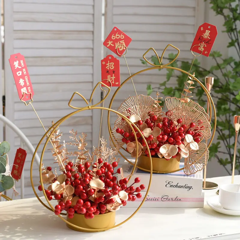 

Chinese Fake Flower Metal Vase Red Holly Fortune Fruit Flower Arrangement New Year Ornaments Home Livingroom Accessories Crafts