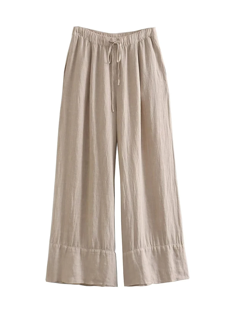 

YENKYE Summer Women Vintage Drawstring Elastic High Waist Linen Palazzo Pants Female Casual Loose Wide Leg Trousers