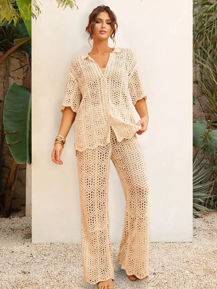 Повседневная вязаная крючком рубашка и брюки с тепловой волной бежевый комплект